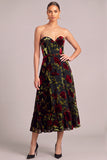 Black A-Line Corset Strapless Floral Midi Wedding Guest Dress