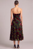 Black A-Line Corset Strapless Floral Midi Wedding Guest Dress