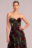 Black A-Line Corset Strapless Floral Midi Wedding Guest Dress