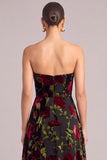 Black A-Line Corset Strapless Floral Midi Wedding Guest Dress