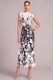 Black White Mermaid Round Neck Floral Midi Wedding Guest Dress