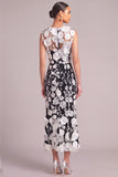 Black White Mermaid Round Neck Floral Midi Wedding Guest Dress