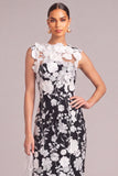 Black White Mermaid Round Neck Floral Midi Wedding Guest Dress