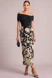 Black White Sheath Off the Shoulder Floral Long Wedding Guest Dress