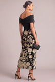 Black White Sheath Off the Shoulder Floral Long Wedding Guest Dress