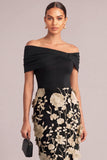 Black White Sheath Off the Shoulder Floral Long Wedding Guest Dress