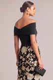 Black White Sheath Off the Shoulder Floral Long Wedding Guest Dress