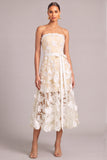 White A-Line Strapless Floral Midi Wedding Guest Dress with Bow