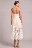 White A-Line Strapless Floral Midi Wedding Guest Dress with Bow