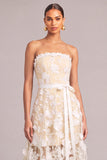 White A-Line Strapless Floral Midi Wedding Guest Dress with Bow