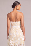 White A-Line Strapless Floral Midi Wedding Guest Dress with Bow