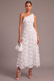 White A Line Sparkly One Shoulder Floral Long Wedding Dress