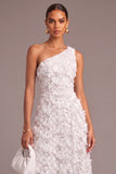 White A Line Sparkly One Shoulder Floral Long Wedding Dress
