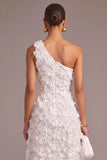White A Line Sparkly One Shoulder Floral Long Wedding Dress