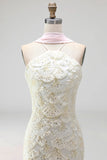 Sparkly White Floral Sheath Halter Beach Long Wedding Dress