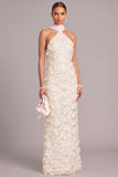 Sparkly White Floral Sheath Halter Beach Long Wedding Dress