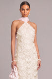 Sparkly White Floral Sheath Halter Beach Long Wedding Dress