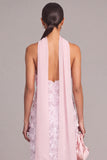 Sparkly White Floral Sheath Halter BeachLong Wedding Dress