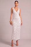 Sparkly White Sheath V-Neck Floral Long Wedding Dress