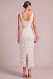 Sparkly White Sheath V-Neck Floral Long Wedding Dress
