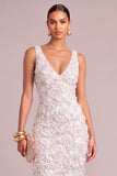 Sparkly White Sheath V-Neck Floral Long Wedding Dress