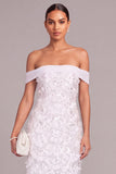 White A Line Off the Shoulder Floral Long Wedding Dress