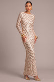 Golden Sparkly Sequins Mermaid Round Neck Long Formal Dress with Sleeves