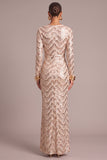 Golden Sparkly Sequins Mermaid Round Neck Long Formal Dress with Sleeves