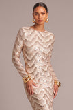 Golden Sparkly Sequins Mermaid Round Neck Long Formal Dress with Sleeves