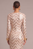Golden Sparkly Sequins Mermaid Round Neck Long Formal Dress with Sleeves