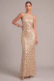 Sparkly Golden Mermaid Boat Neck Sequins Long Formal Dress