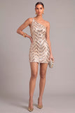 Sparkly Sequins Golden Bodycon One Shoulder Short Cocktail Dress