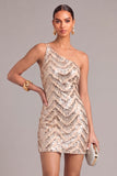 Sparkly Sequins Golden Bodycon One Shoulder Short Cocktail Dress