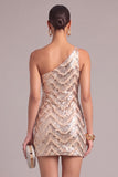 Sparkly Sequins Golden Bodycon One Shoulder Short Cocktail Dress