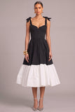 Black Corset Thick Straps Ruffled Midi Formal Dress with Bow