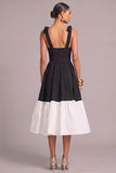 Black Corset Thick Straps Ruffled Midi Formal Dress with Bow