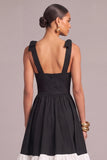 Black Corset Thick Straps Ruffled Midi Formal Dress with Bow