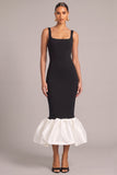 Black Mermaid Square Neck Ruffled Midi Formal Dress