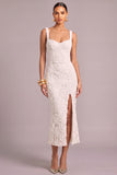 White Jacquard Thick Straps Sheath Midi Engagement Party Dress with Slit