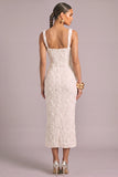 White Jacquard Thick Straps Sheath Midi Engagement Party Dress with Slit