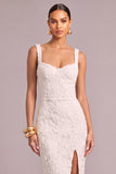 White Jacquard Thick Straps Sheath Midi Engagement Party Dress with Slit