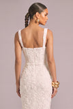 White Jacquard Thick Straps Sheath Midi Engagement Party Dress with Slit