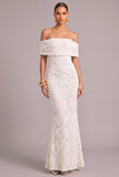 White Mermaid Jacquard Off the Shoulder Floor Length Wedding Dress