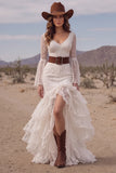 White Mermaid V-Neck Ruffled Sweep Train Boho Wedding Dress with Belt