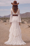 White Mermaid V-Neck Ruffled Sweep Train Boho Wedding Dress with Belt