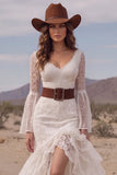 White Mermaid V-Neck Ruffled Sweep Train Boho Wedding Dress with Belt