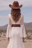 White Mermaid V-Neck Ruffled Sweep Train Boho Wedding Dress with Belt