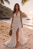White A-Line V-Neck Ruffled Tiered Sweep Train Beach Wedding Dress with Slit