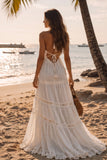 White A-Line V-Neck Ruffled Tiered Sweep Train Beach Wedding Dress with Slit
