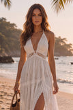 White A-Line V-Neck Ruffled Tiered Sweep Train Beach Wedding Dress with Slit